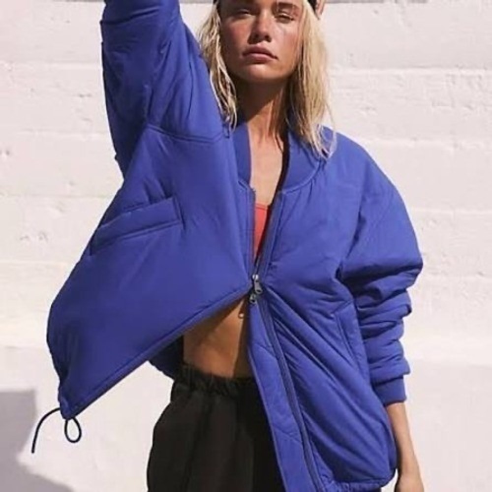 FREE MOVEMENT Royal Blue Puffer Bomber Jacket Ribbed Collar Size M NWOT $168